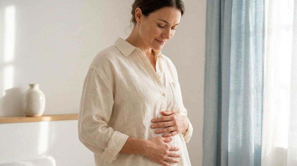 Une femme enceinte souriante pose doucement ses mains sur son ventre dans une pièce lumineuse et apaisante.