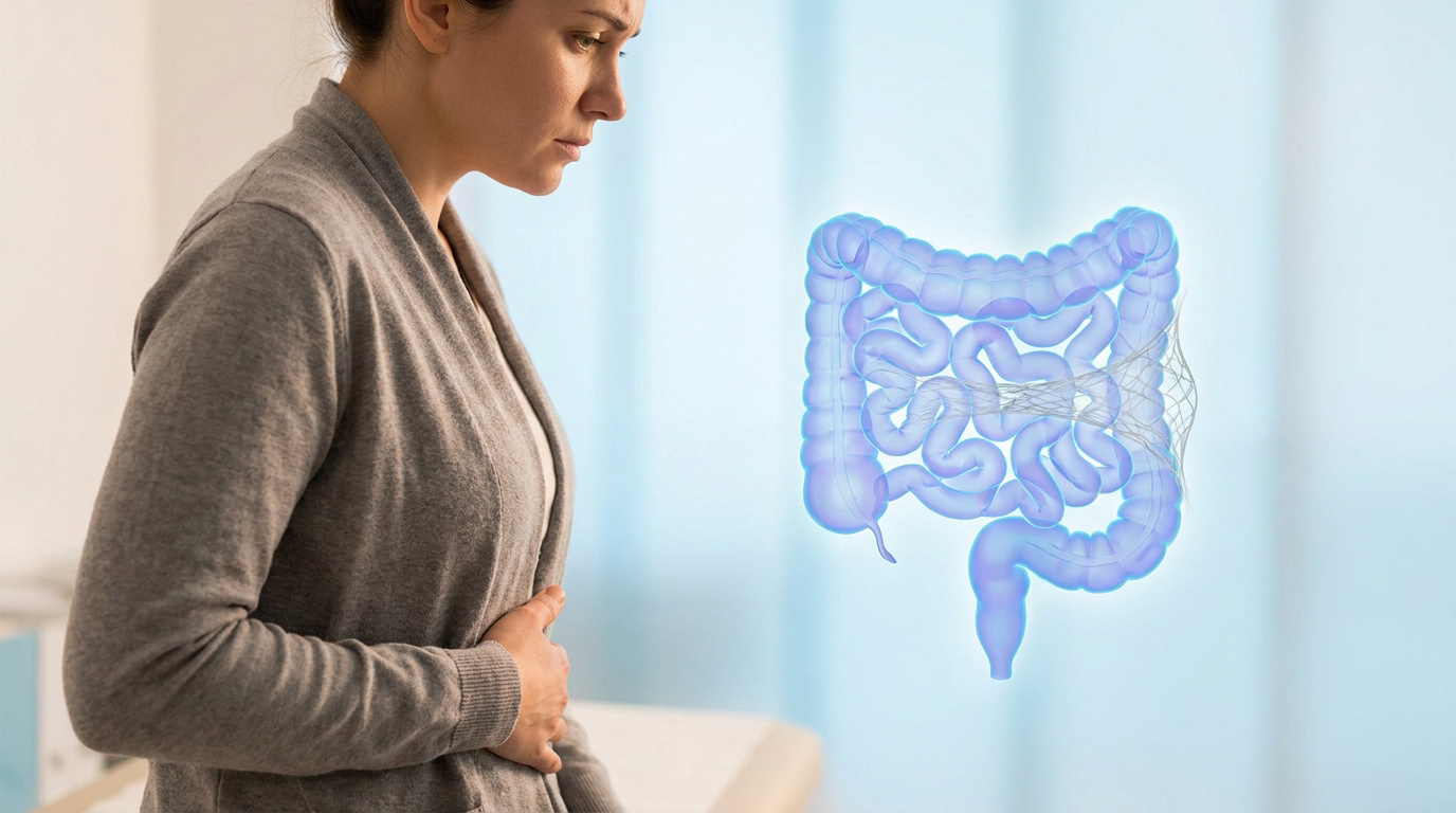 Femme tenant son ventre avec une illustration 3D d'intestins montrant une bride ou une adhérence intestinale.