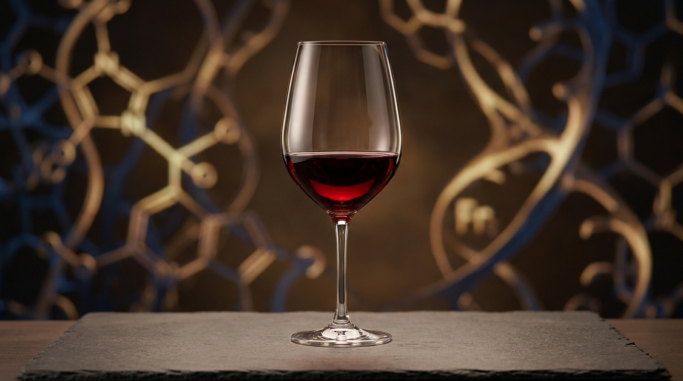 Un verre de vin rouge posé sur une plaque d'ardoise devant une structure moléculaire complexe en arrière-plan.