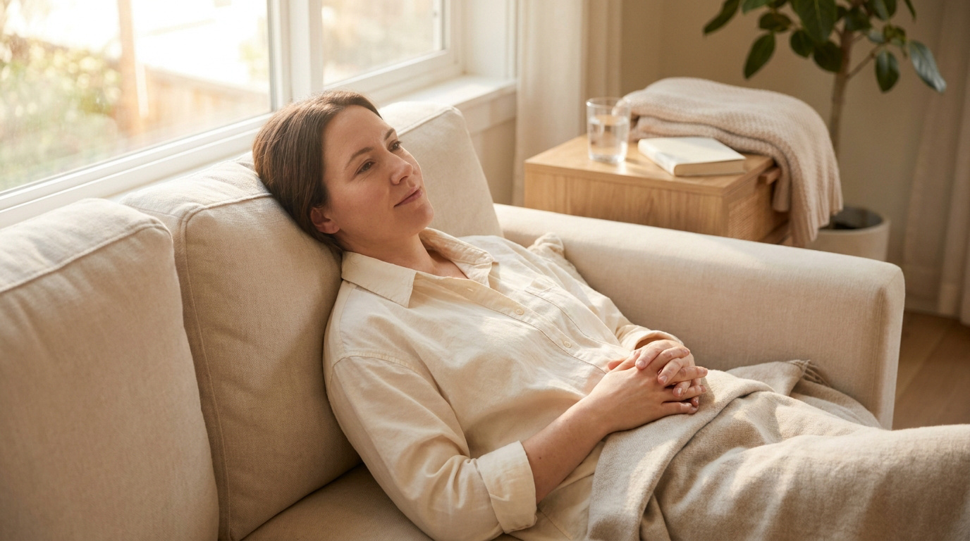 Une femme se repose paisiblement sur un canapé, recouverte d'une couverture, dans un intérieur lumineux et calme.