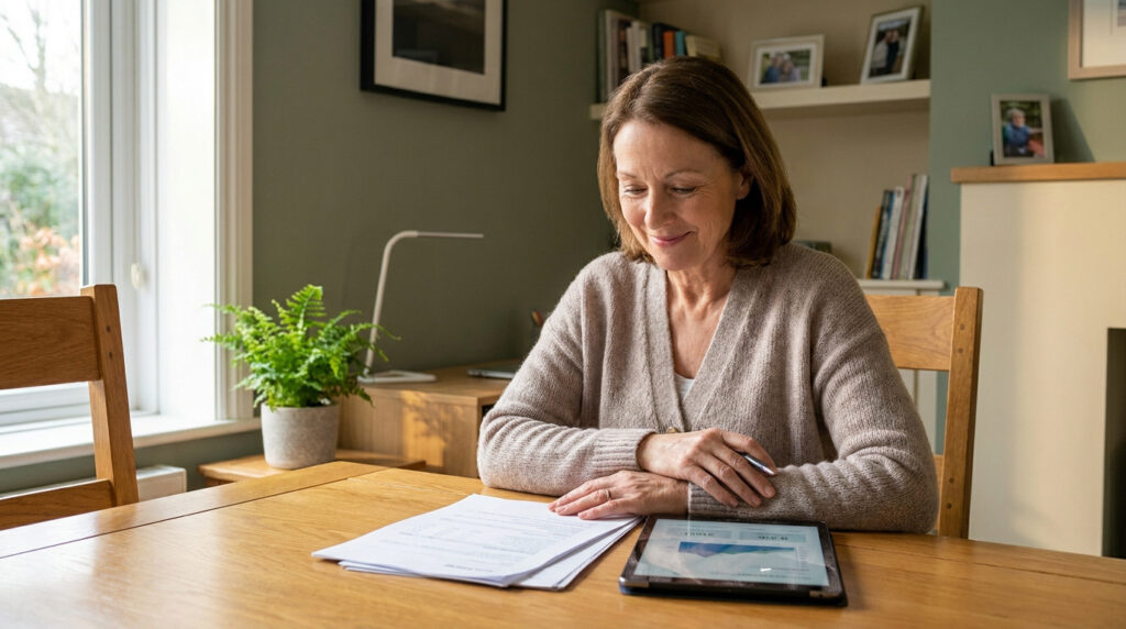 Une femme souriante assise à une table en bois, consultant des documents et une tablette pour gérer ses finances.