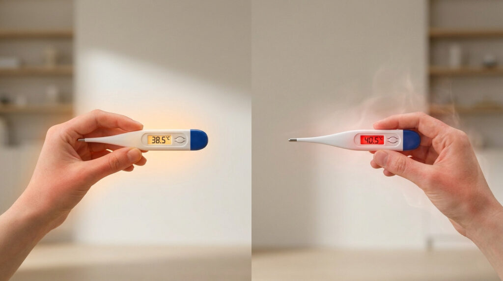 Deux mains tenant des thermomètres affichant respectivement 38,5°C et 40,5°C avec des effets de chaleur.