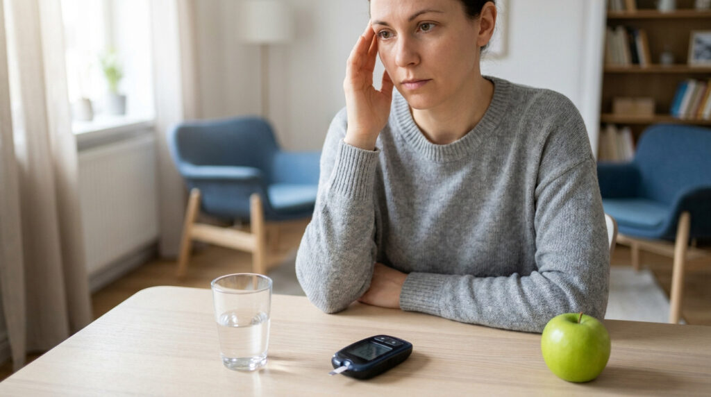 Une femme assise à une table avec un glucomètre, un verre d'eau et une pomme, semblant souffrir d'un mal de tête.