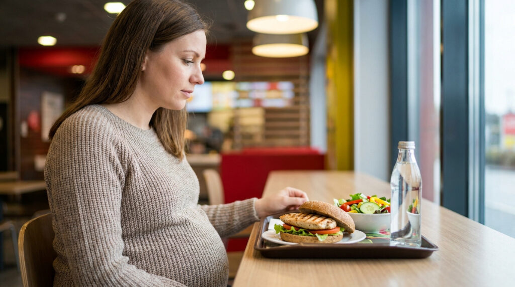 Une femme enceinte assise à une table dans un restaurant, regardant un plateau avec un sandwich au poulet et une salade.
