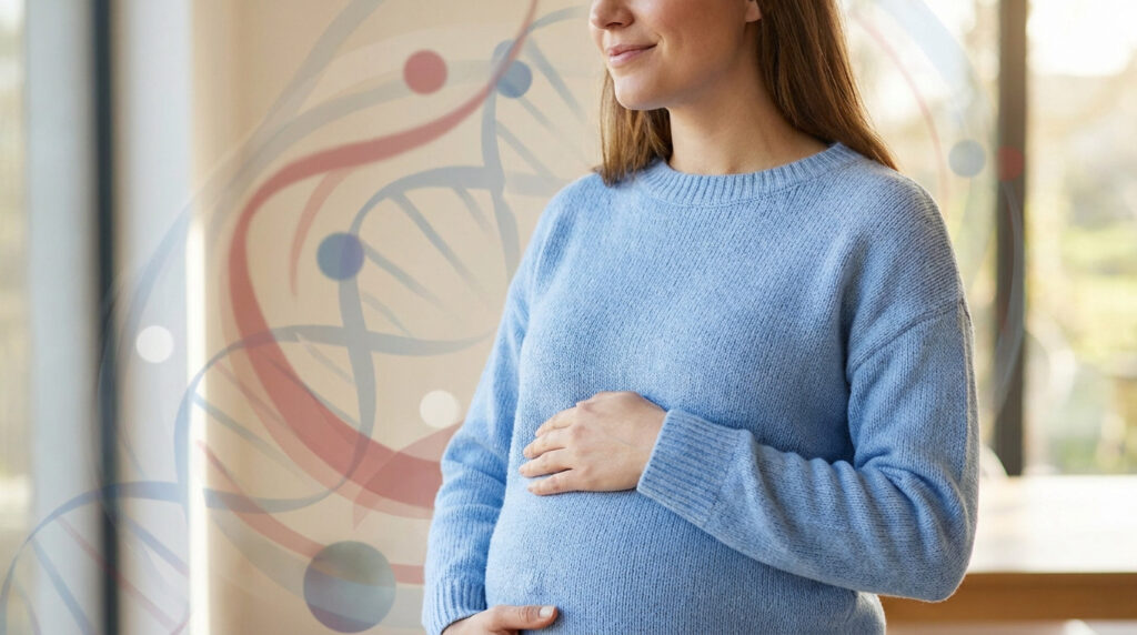 Une femme enceinte porte un pull bleu clair, avec une illustration graphique d'une double hélice d'ADN en arrière-plan.