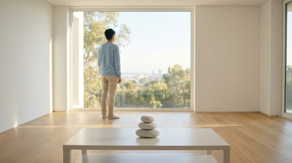 Un homme se tient debout devant une grande fenêtre lumineuse, regardant au loin, avec trois pierres zen sur une table.
