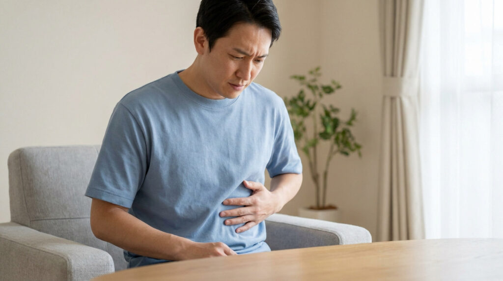 Un homme asiatique assis sur un fauteuil, tenant son abdomen avec une expression douloureuse.