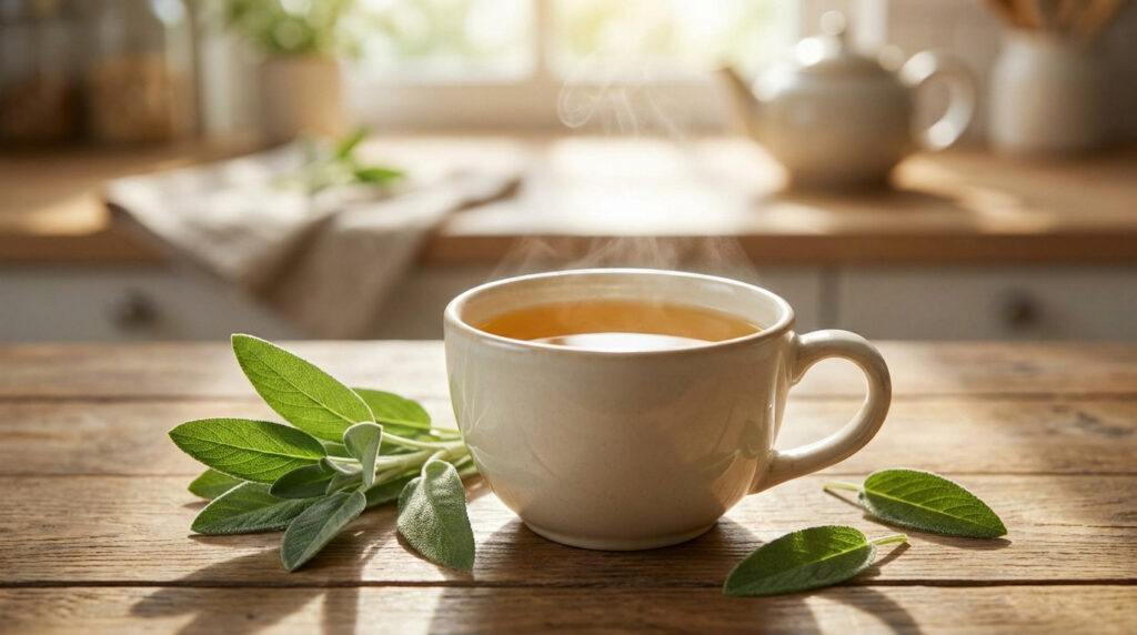 Une tasse de tisane fumante accompagnée de feuilles de sauge fraîches sur une table en bois dans une cuisine.