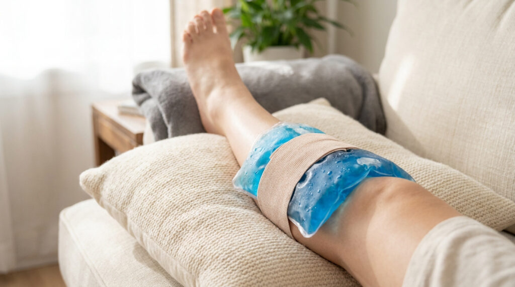 Une personne applique une poche de glace sur son genou pour soulager une blessure tout en se reposant sur un canapé.