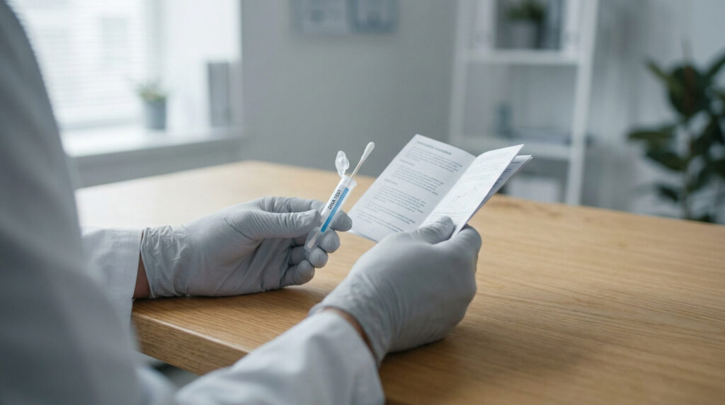 Une personne en gants médicaux lit la notice d'utilisation d'un kit de test de prélèvement.