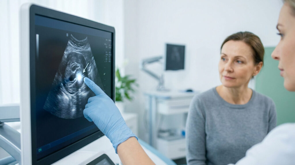 Un médecin montre une zone échogène sur l'écran d'une échographie à une patiente attentive en cabinet médical.