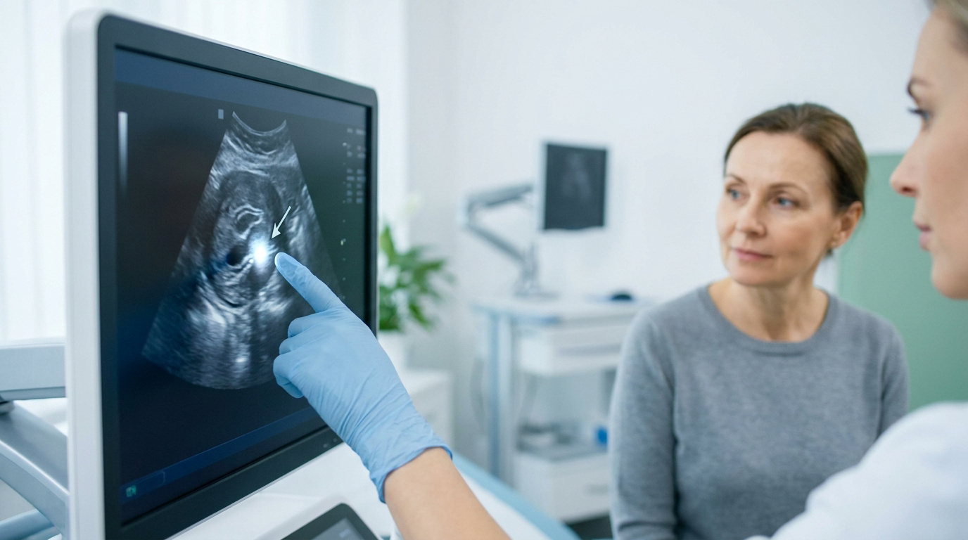 Un médecin montre une zone échogène sur l'écran d'une échographie à une patiente attentive en cabinet médical.