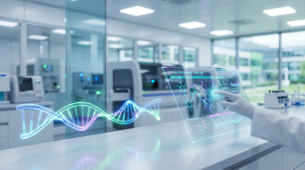 Un chercheur manipule une interface numérique holographique avec une structure d'ADN en laboratoire.