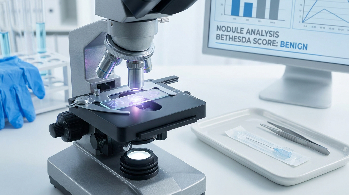 Microscope de laboratoire examinant une lame avec des cellules, écran affichant un diagnostic de nodule bénin.