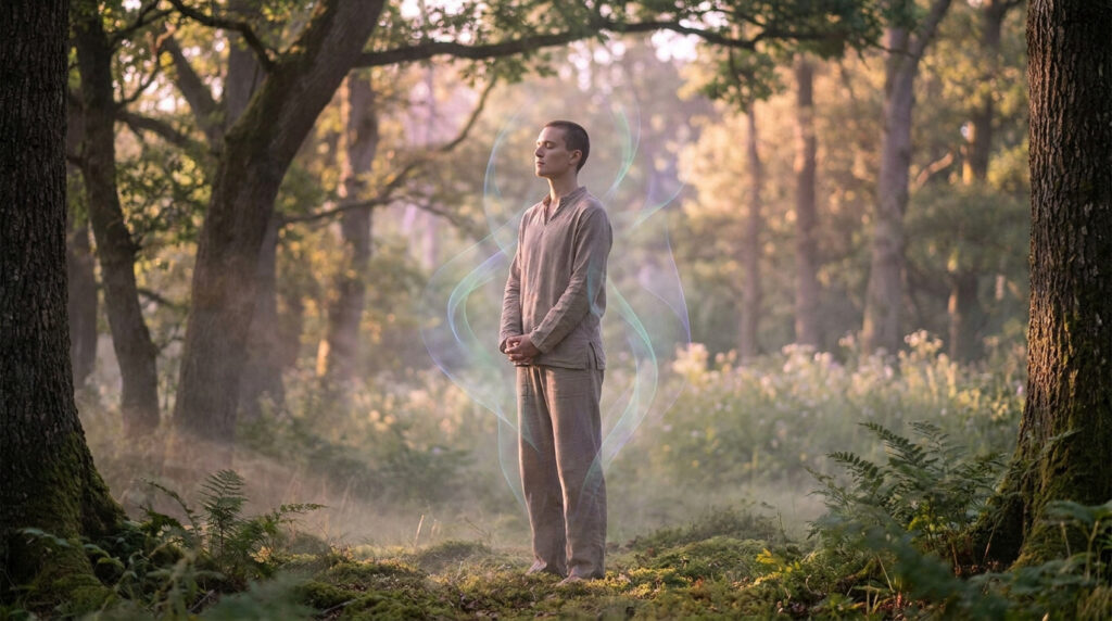 Personne méditant debout en forêt, entourée d'une aura lumineuse éthérée.