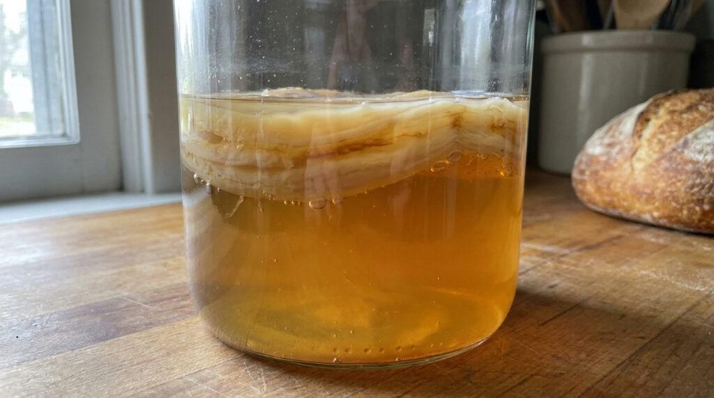Une mère de vinaigre épaisse flottant dans un bocal en verre rempli de vinaigre ambré sur une table en bois.