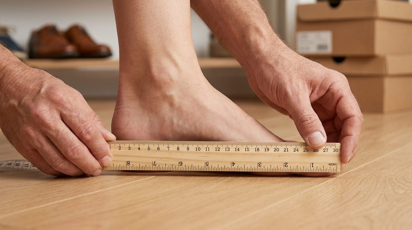 Gros plan sur une personne mesurant la longueur de son pied nu sur le sol avec une règle en bois.