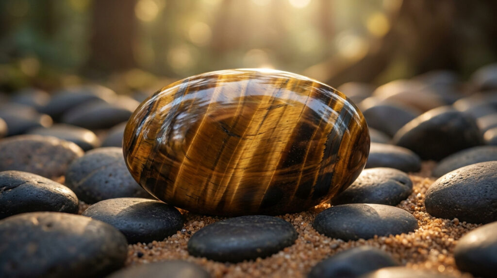Une pierre œil de tigre polie posée sur des galets noirs et du sable, éclairée par une lumière douce et dorée.