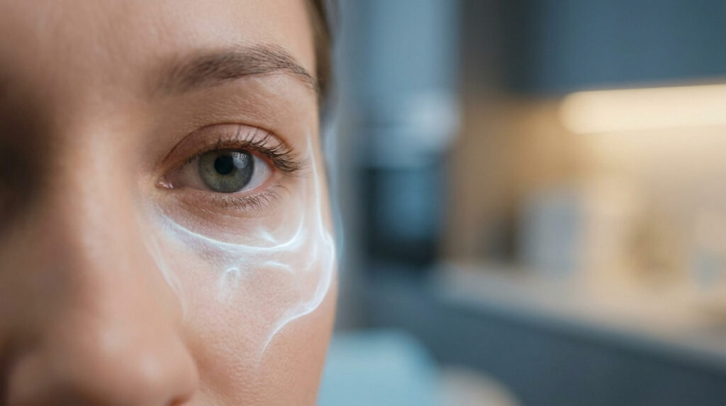 Gros plan sur un visage humain avec une surimpression lumineuse montrant la zone osseuse de l'orbite oculaire.