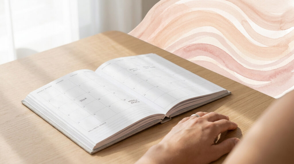 Une main posée sur un agenda ouvert sur un bureau en bois, avec un arrière-plan illustré de formes abstraites.