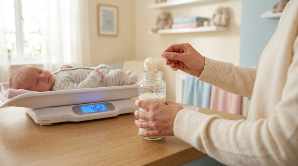 Une personne prépare un biberon de lait en poudre tandis qu'un bébé est allongé sur une balance électronique à côté.