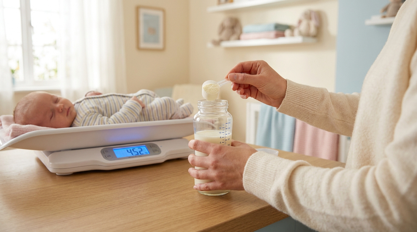 Une personne prépare un biberon de lait en poudre tandis qu'un bébé est allongé sur une balance électronique à côté.