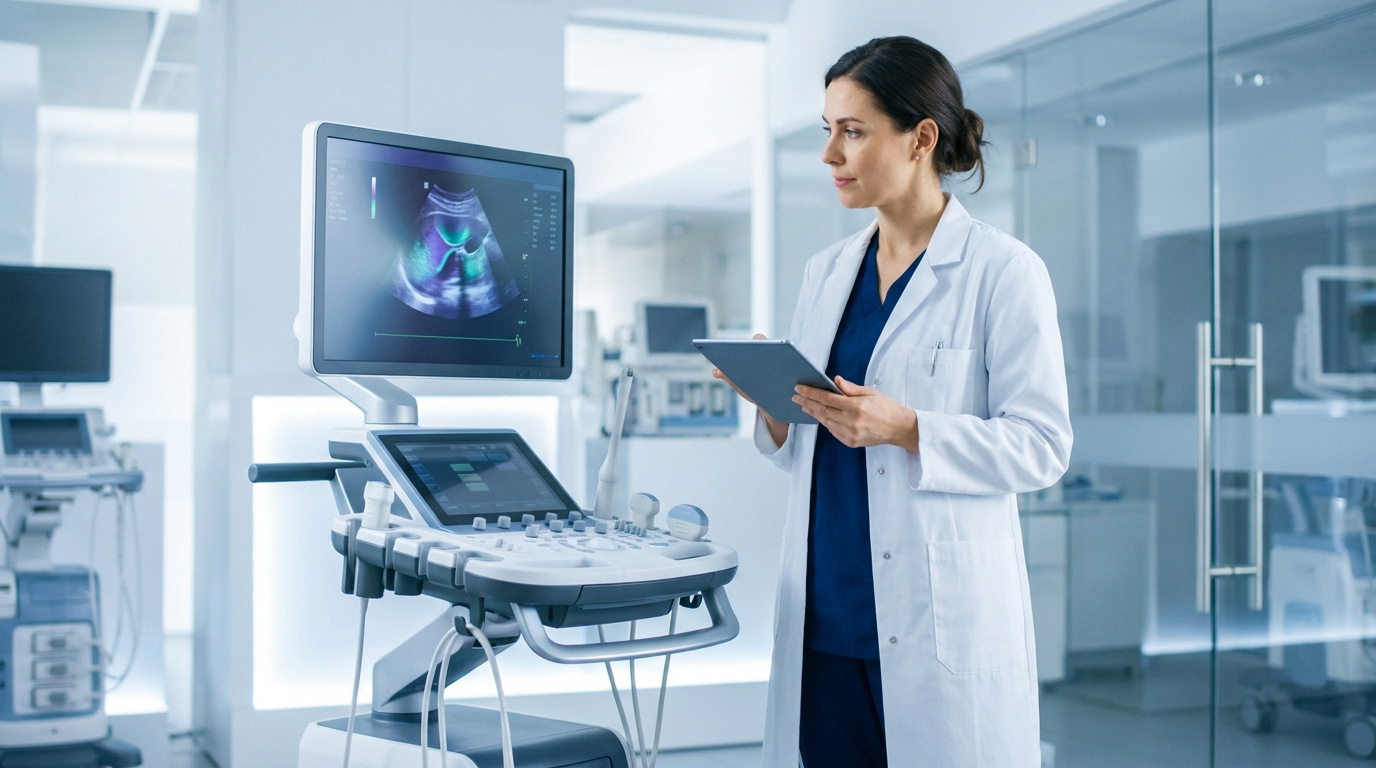 Une médecin utilisant une tablette numérique devant un échographe moderne dans un hôpital lumineux.