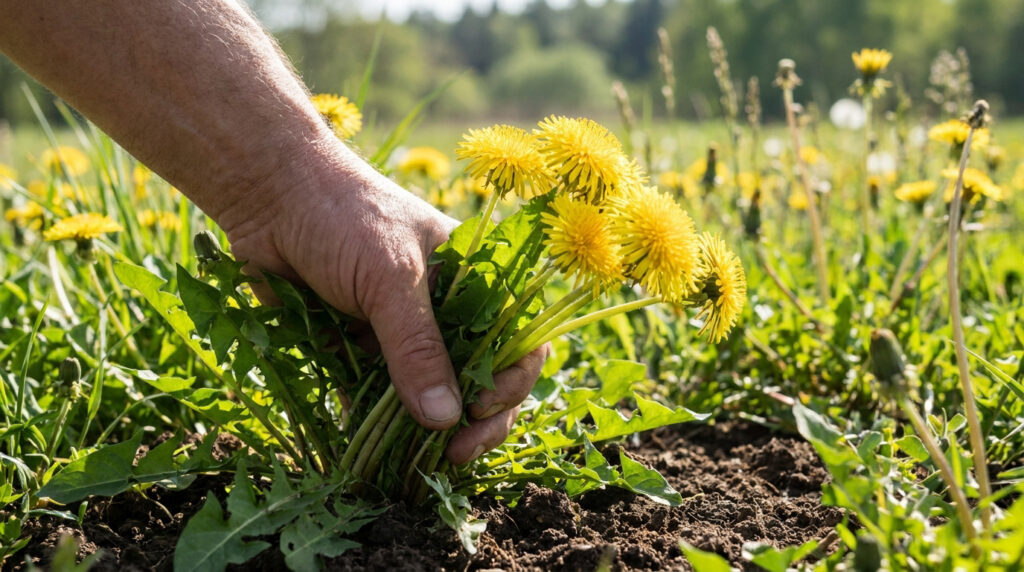 Une main récoltant un bouquet de pissenlits jaunes frais dans un champ ensoleillé.