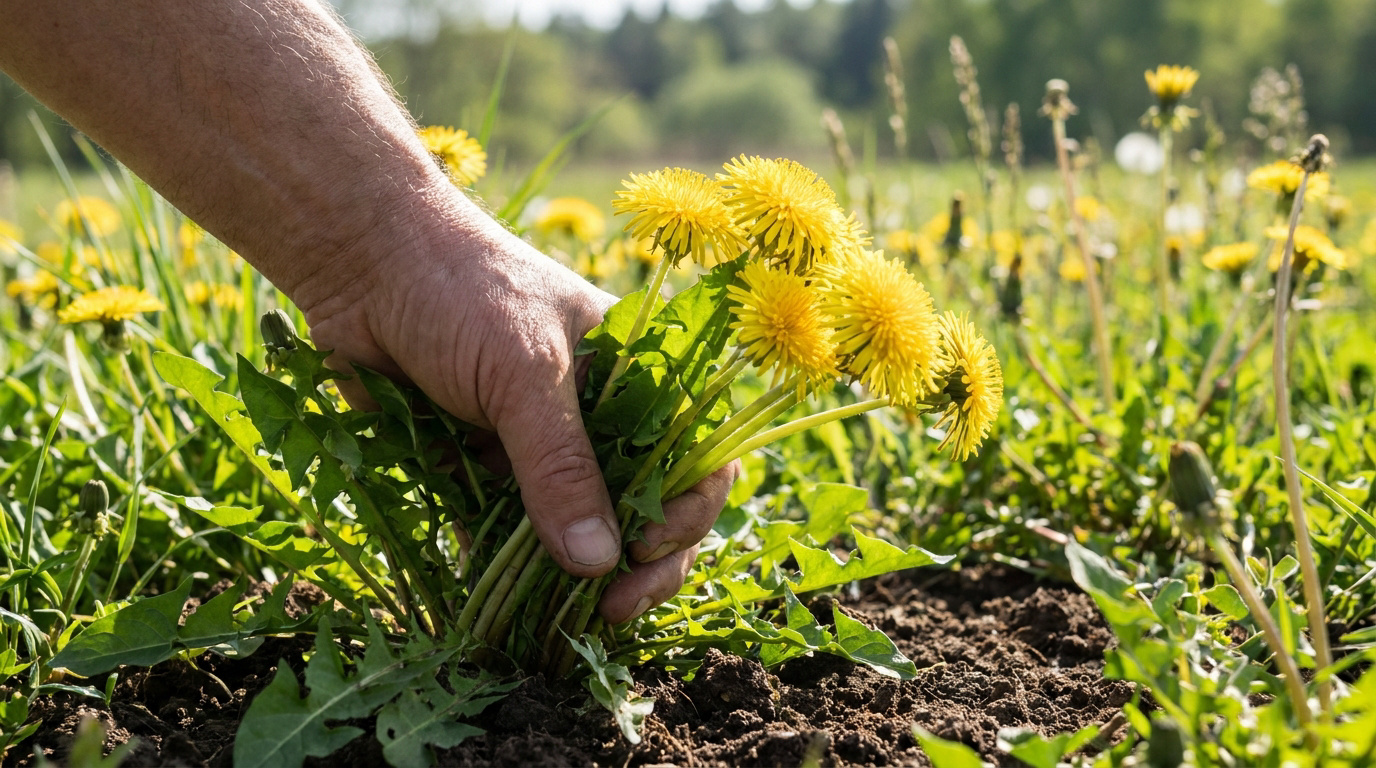 Une main récoltant un bouquet de pissenlits jaunes frais dans un champ ensoleillé.