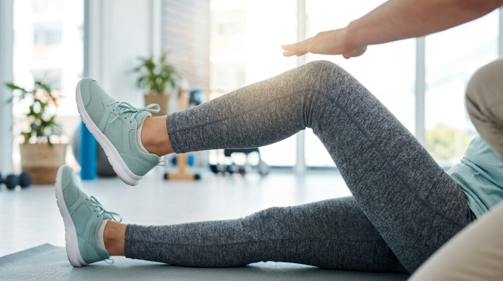 Personne en tenue de sport réalisant des exercices de rééducation du genou sur un tapis de gym dans une salle lumineuse.