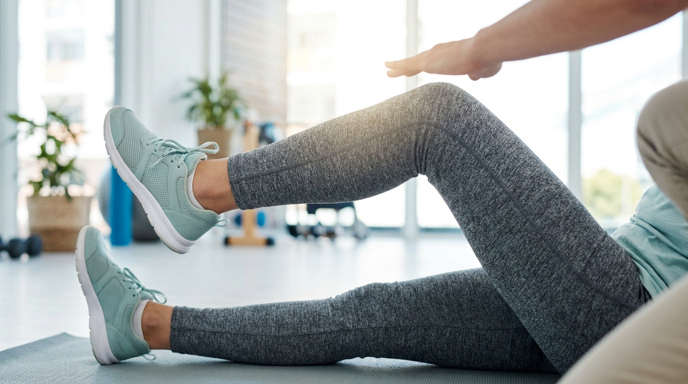 Personne en tenue de sport réalisant des exercices de rééducation du genou sur un tapis de gym dans une salle lumineuse.
