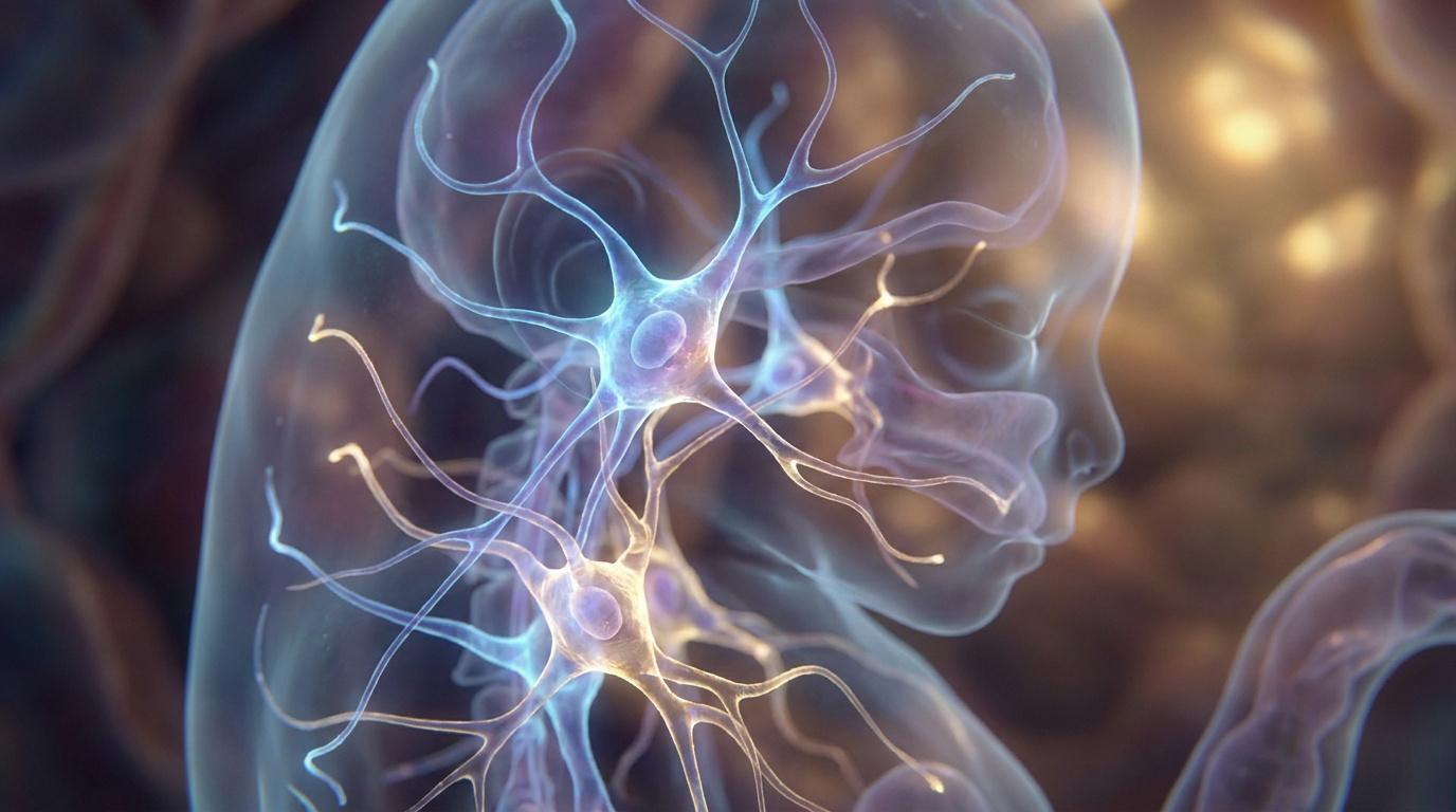 Représentation 3D d'un embryon humain translucide mettant en évidence le développement de neurones et de cellules nerveuses.