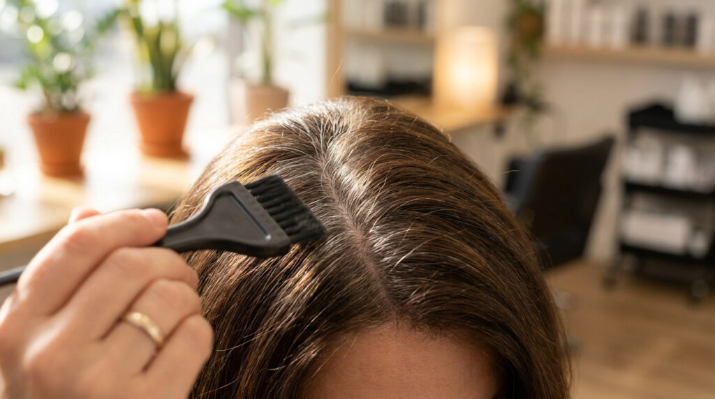 Une main utilisant une brosse de coiffure pour appliquer de la teinture sur des racines de cheveux gris.