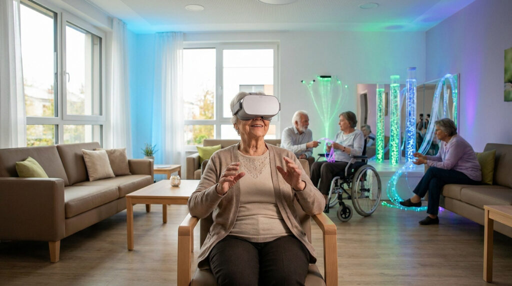 Une résidente âgée en EHPAD porte un casque de réalité virtuelle tandis que d'autres résidents se détendent en arrière-plan.