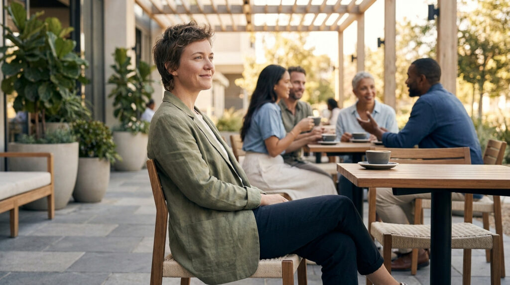 Une femme souriante assise seule à une table de terrasse tandis qu'un groupe discute en arrière-plan.
