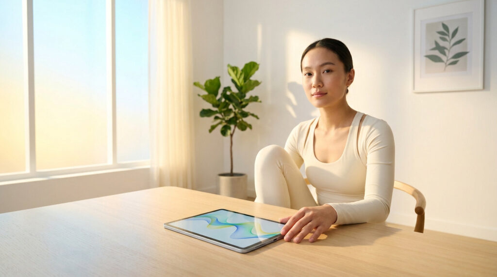 Une femme assise à une table en bois avec une tablette affichant un graphique ondulé, dans une pièce lumineuse.