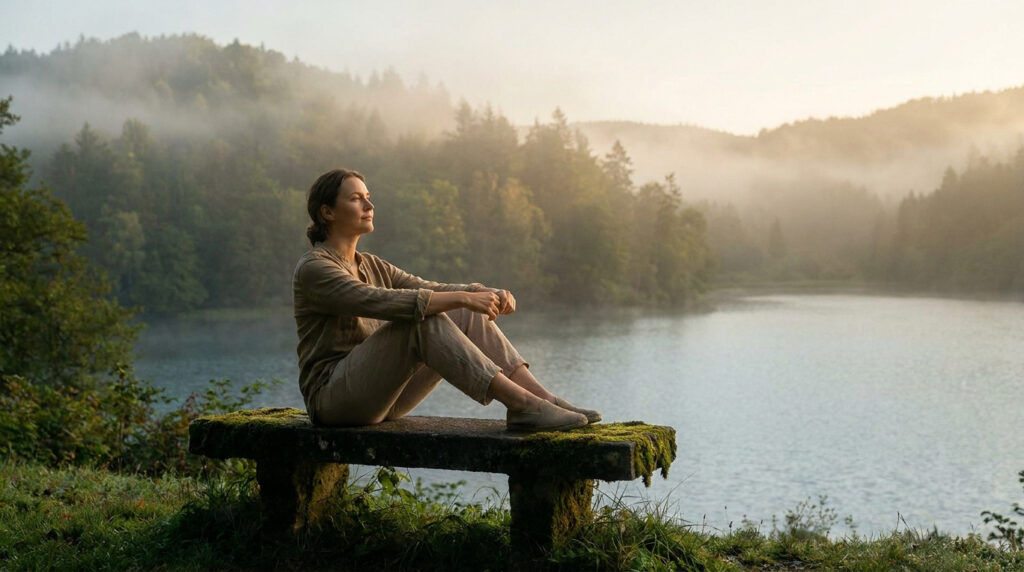 Une femme assise en méditation sur un banc en pierre devant un lac brumeux au lever du soleil.