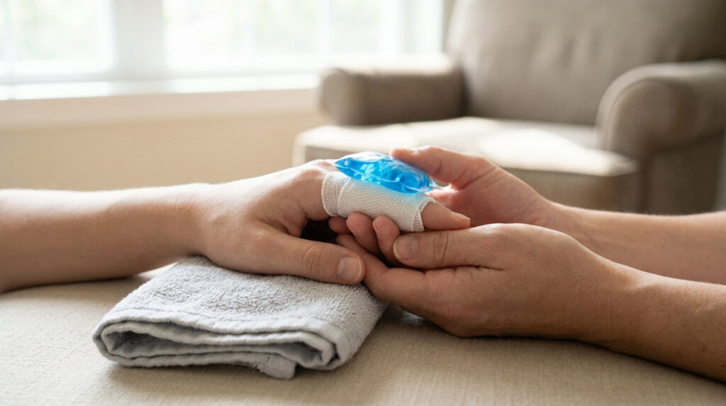 Une personne applique une poche de glace bleue sur un doigt blessé, bandé, soutenu par les mains d'un soignant.