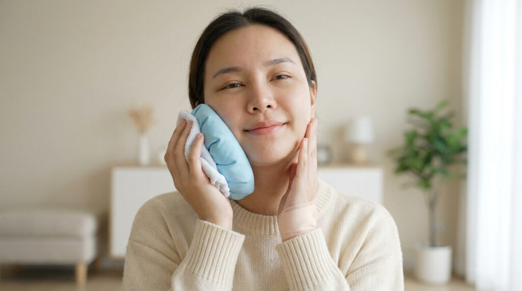 Une femme applique une poche de glace entourée d'une serviette sur sa joue pour réduire le gonflement après une opération.