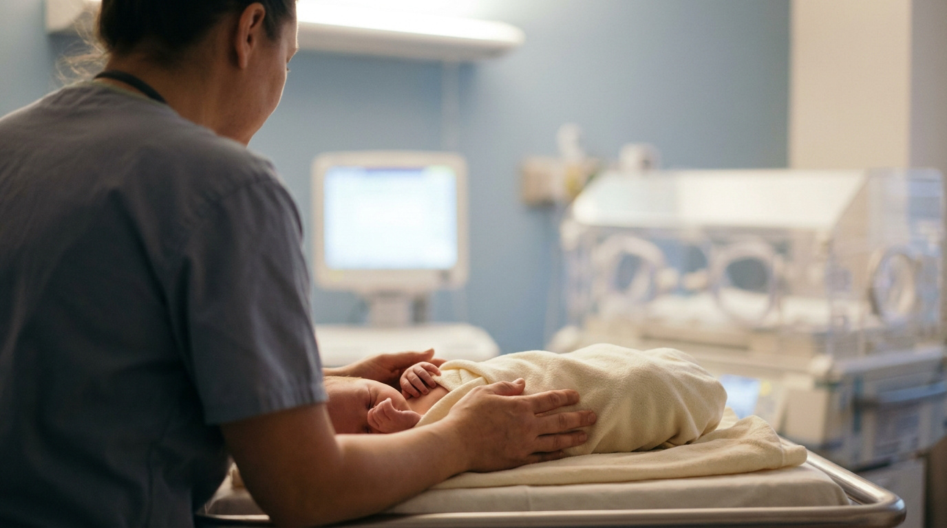 Une infirmière prend soin d'un nouveau-né emmailloté dans un service de néonatologie avec une couveuse en arrière-plan.