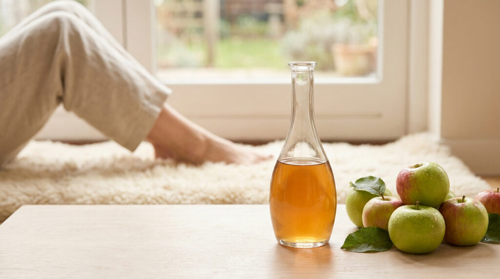 Bouteille de vinaigre de cidre et pommes fraîches posées sur une table avec des jambes au repos en arrière-plan.