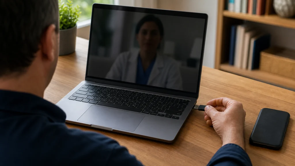 Patient utilisant une clé de sécurité avant une téléconsultation privée sur ordinateur