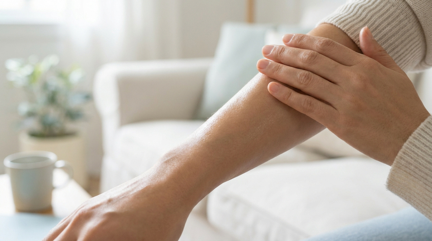 Une personne applique une crème hydratante sur son avant-bras pour traiter la kératose pilaire dans un salon lumineux.