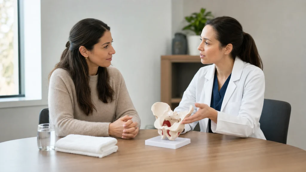 Consultation entre une patiente et une médecin autour d’un modèle anatomique du bassin