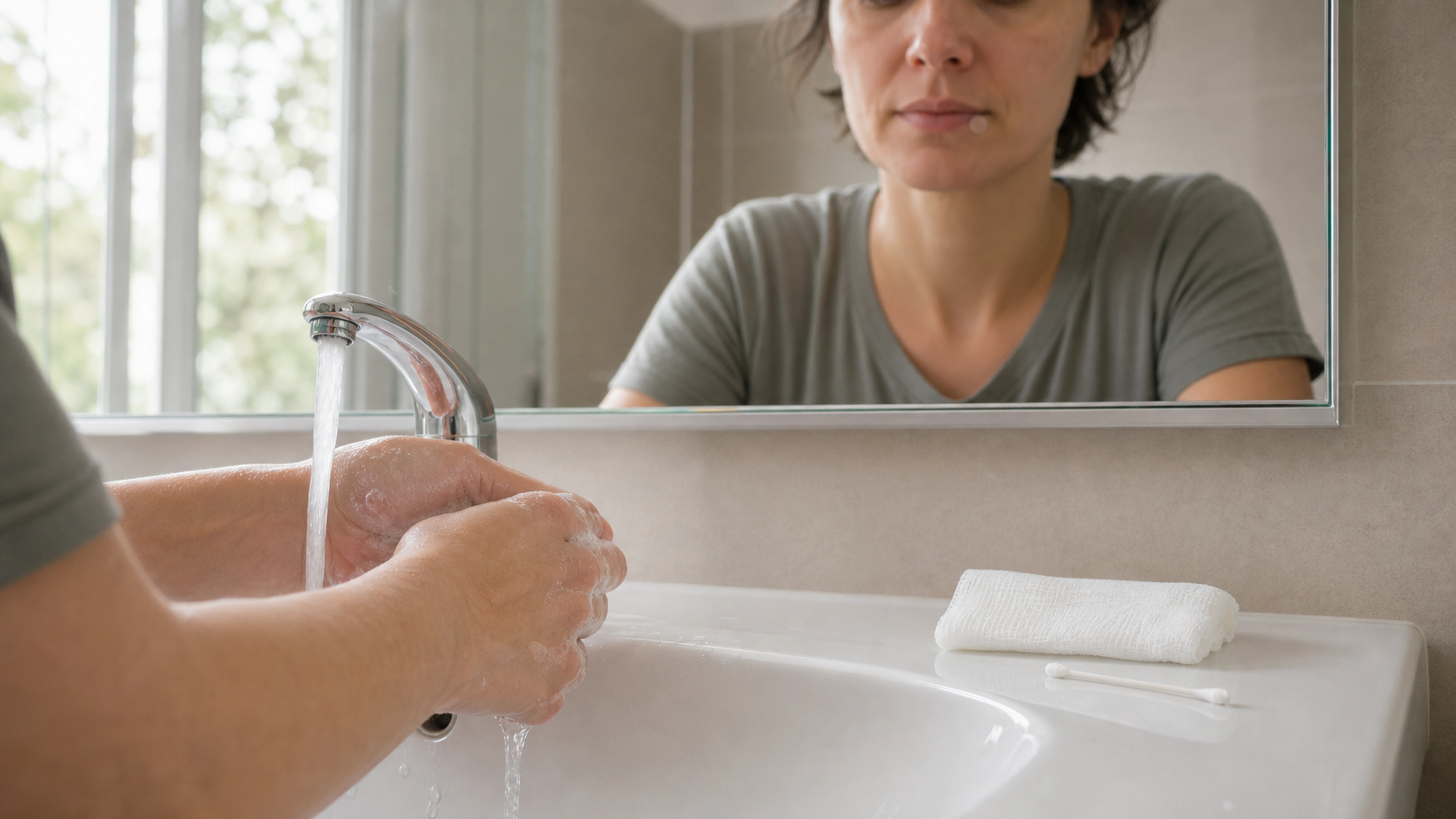 Personne se lavant les mains avec un patch discret au coin de la lèvre