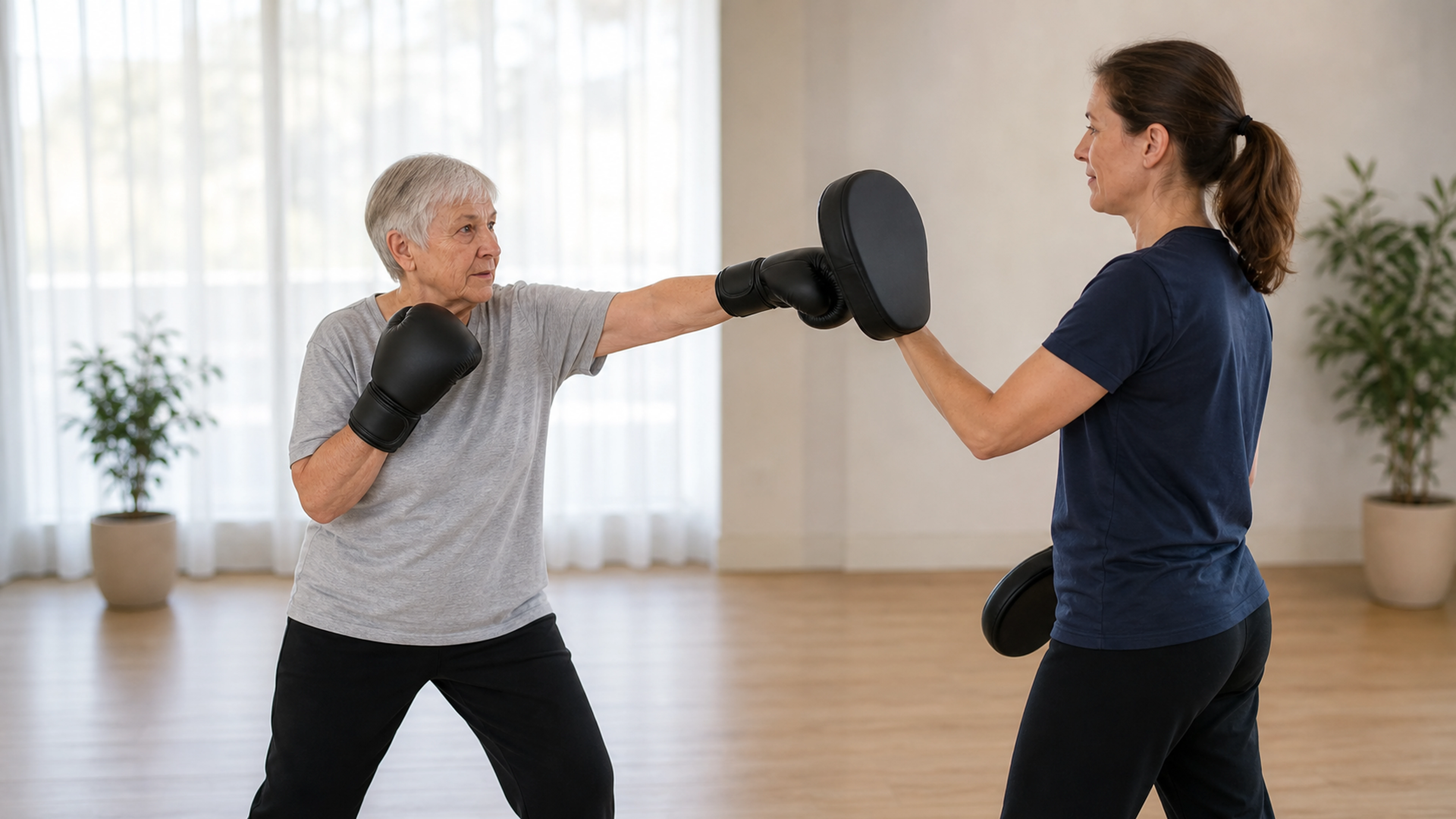 Une femme âgée s’entraîne à la boxe sans contact avec une coach tenant une cible.
