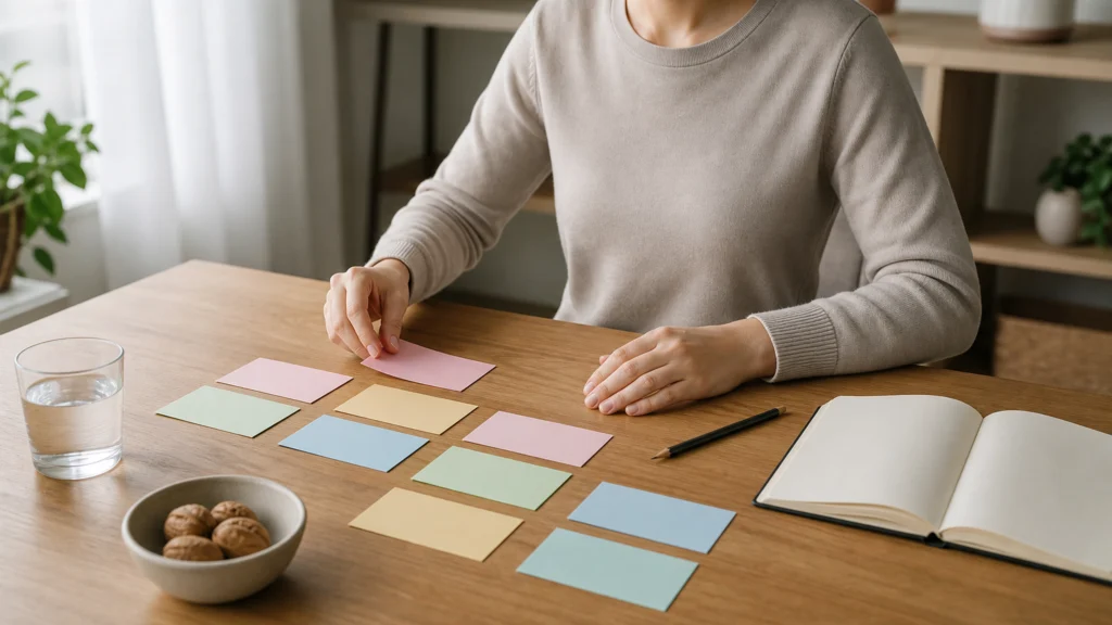 Personne organisant des cartes de révision colorées sur un bureau lumineux