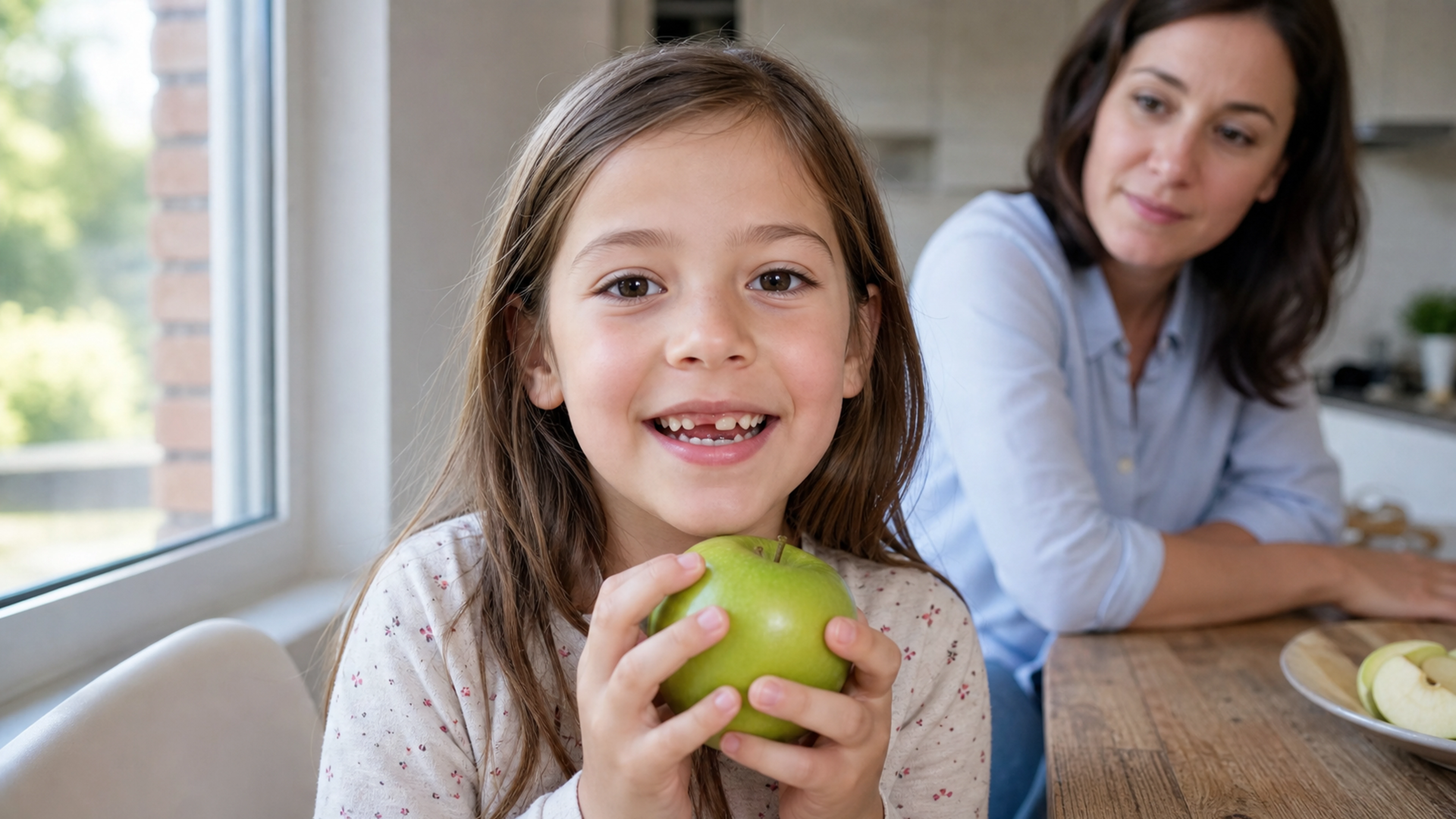 Enfant souriant tenant une pomme pendant la transition entre dents de lait et dents définitives