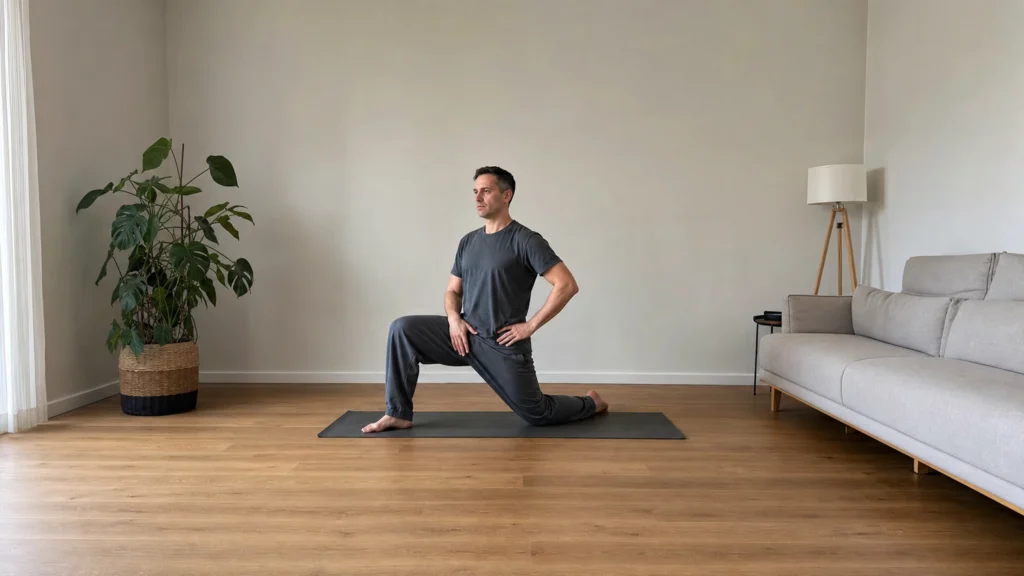 Personne pratiquant un étirement doux du psoas gauche dans un salon lumineux