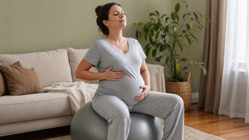 Femme enceinte assise sur un ballon, une main posée sous les côtes